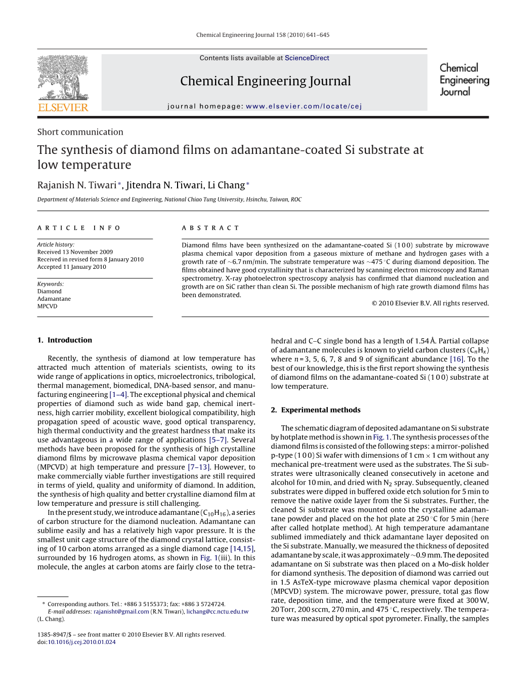 The Synthesis of Diamond Films on Adamantane-Coated Si Substrate At