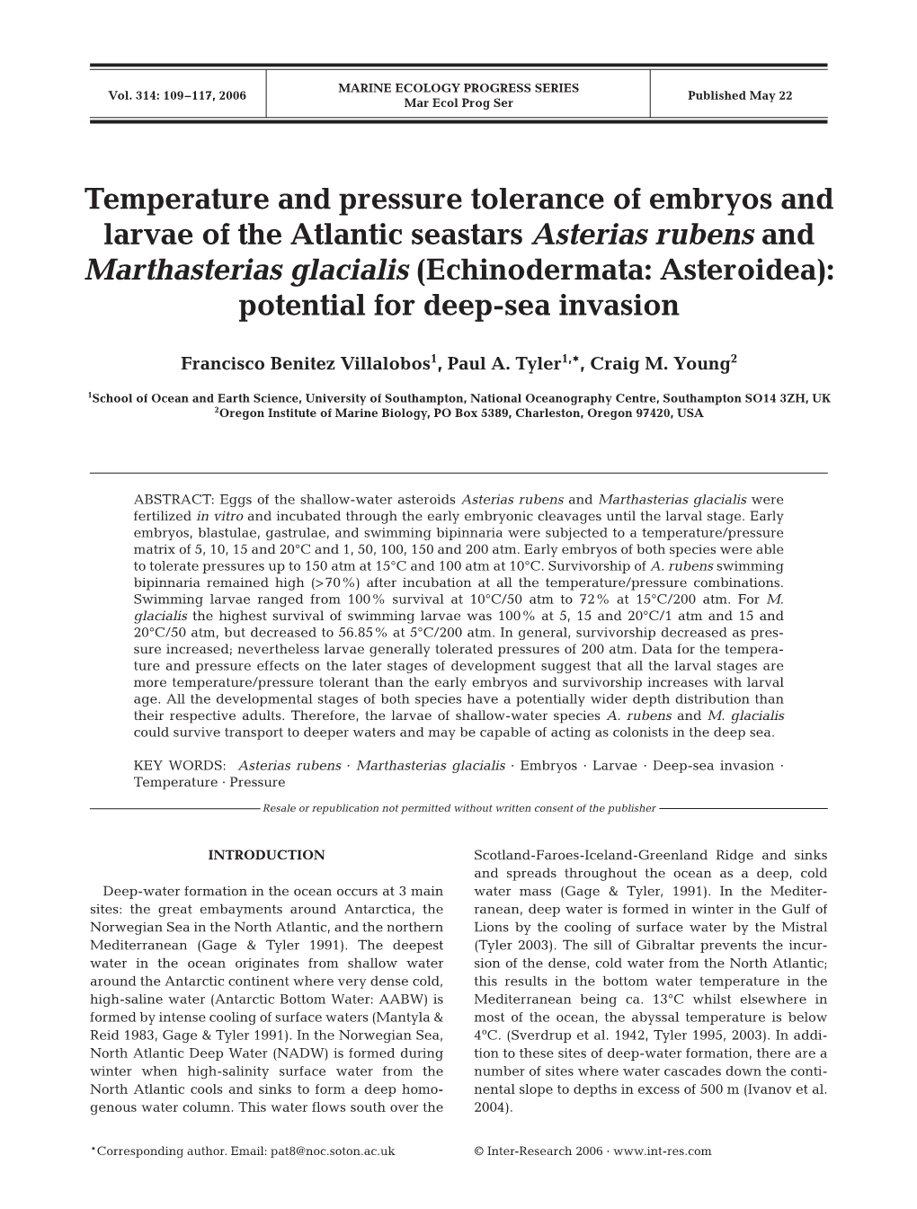Temperature and Pressure Tolerance of Embryos and Larvae of The