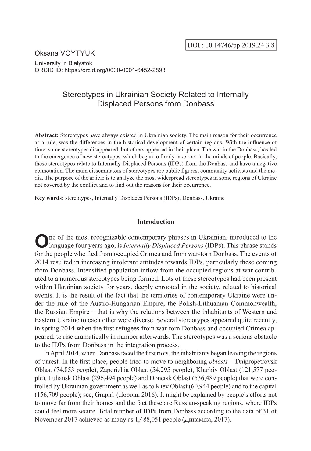 Stereotypes in Ukrainian Society Related to Internally Displaced Persons from Donbass