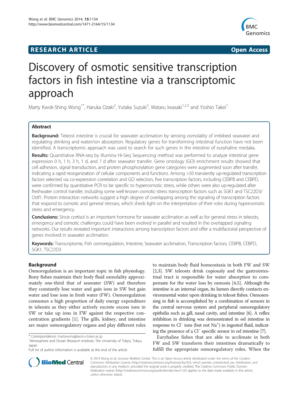 Discovery of Osmotic Sensitive Transcription Factors in Fish Intestine Via a Transcriptomic Approach