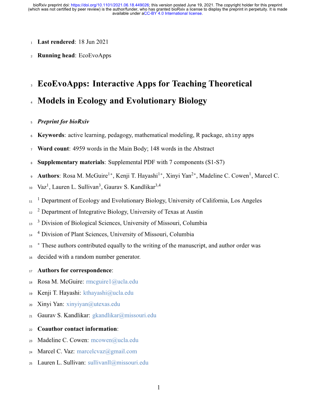 Ecoevoapps: Interactive Apps for Teaching Theoretical Models In