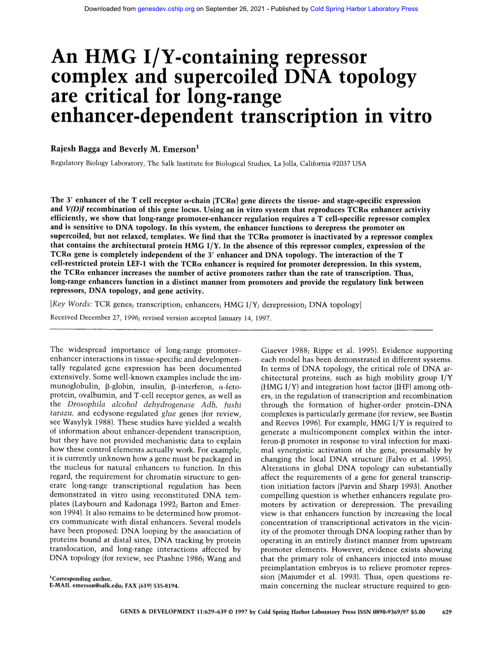 An HMG I/Y-Containing Repressor Complex and Supercolled DNA Topology Are Critical for Long-Range Enhancer-Dependent Transcription in Vitro