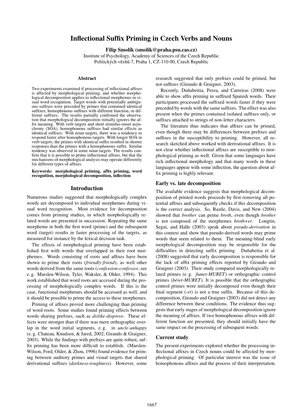 Inflectional Suffix Priming in Czech Verbs and Nouns