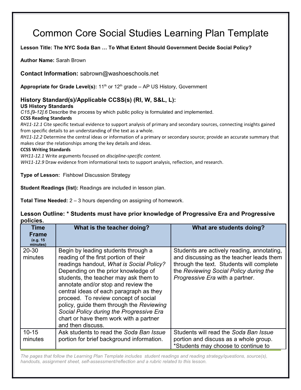 Common Core Social Studies Learning Plan Template s3