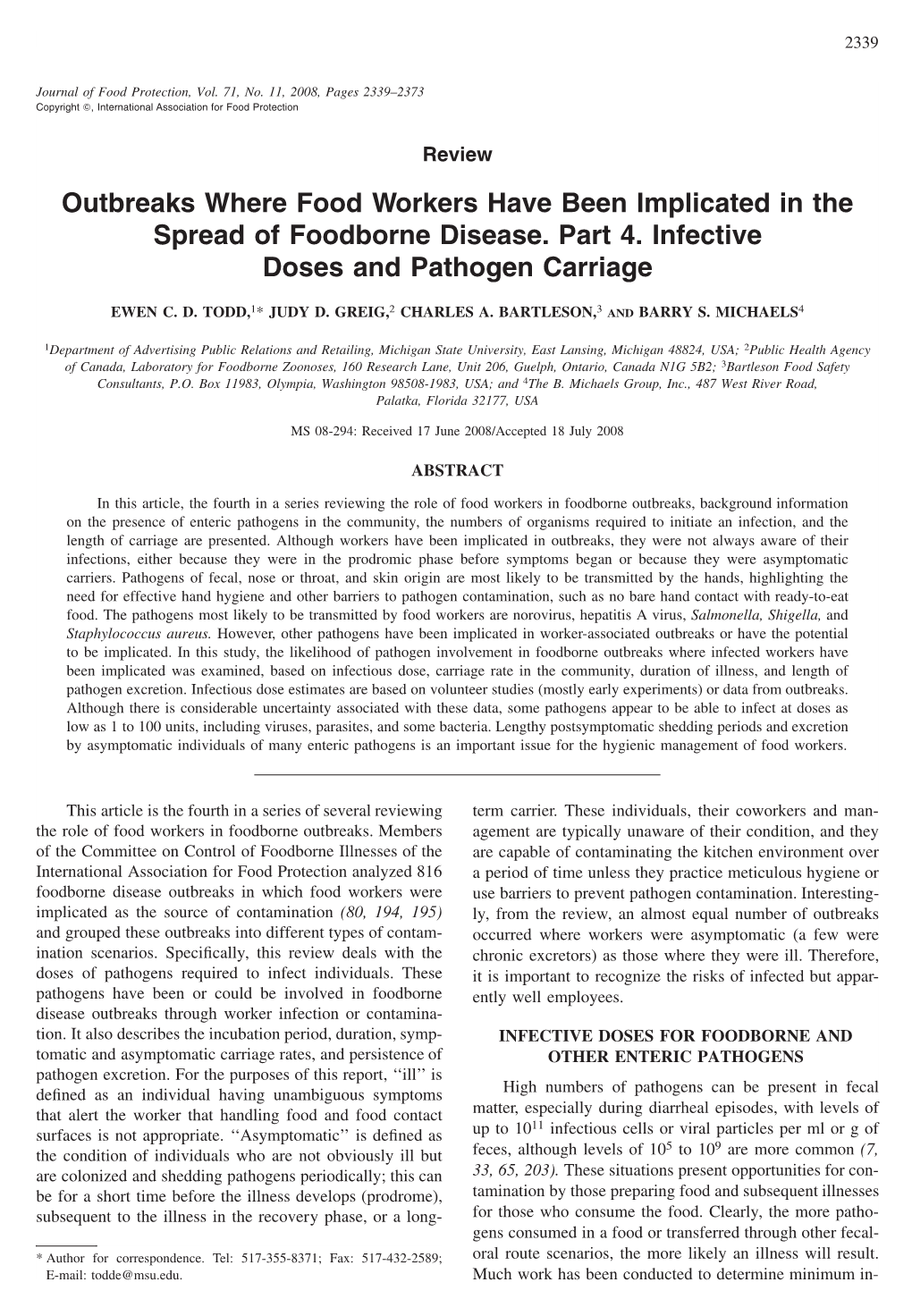 Outbreaks Where Food Workers Have Been Implicated in the Spread of Foodborne Disease. Part 4. Infective Doses and Pathogen Carriage