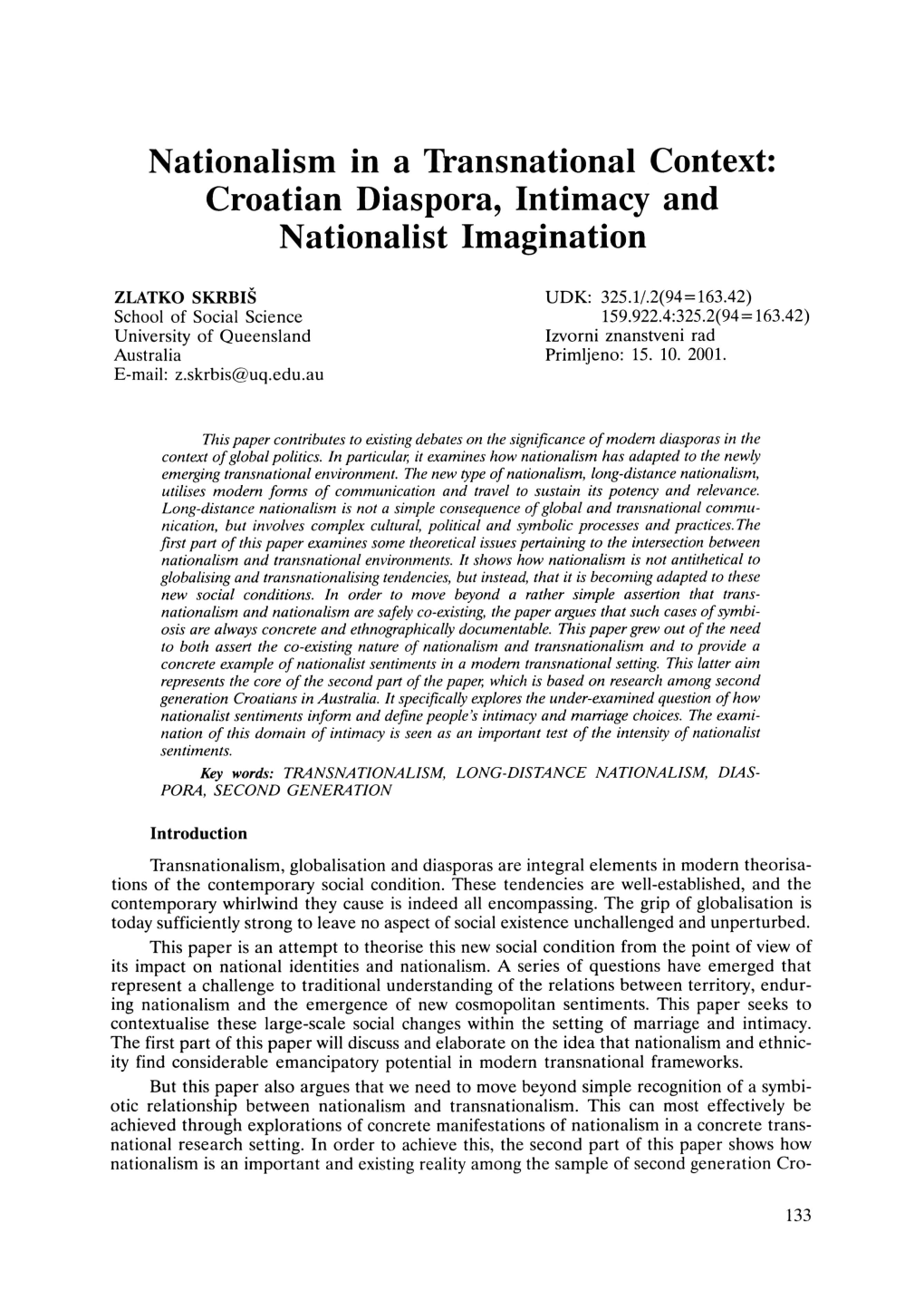 Nationalism in a Transnational Context: Croatian Diaspora, Intimacy and Nationalist Imagination