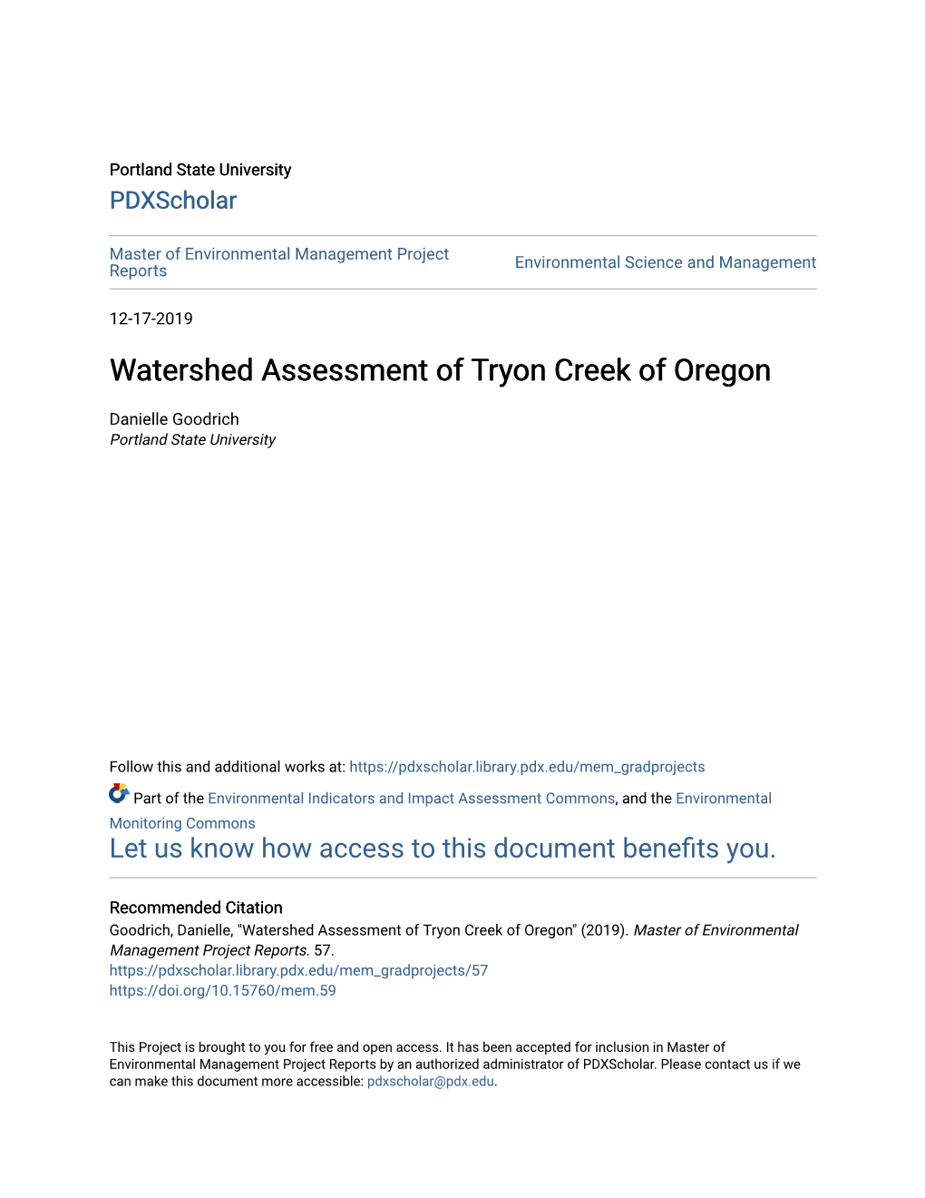 Watershed Assessment of Tryon Creek of Oregon