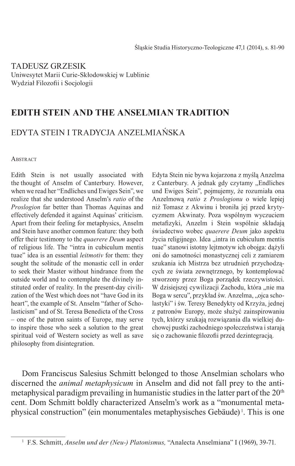 Edith Stein and the Anselmian Tradition