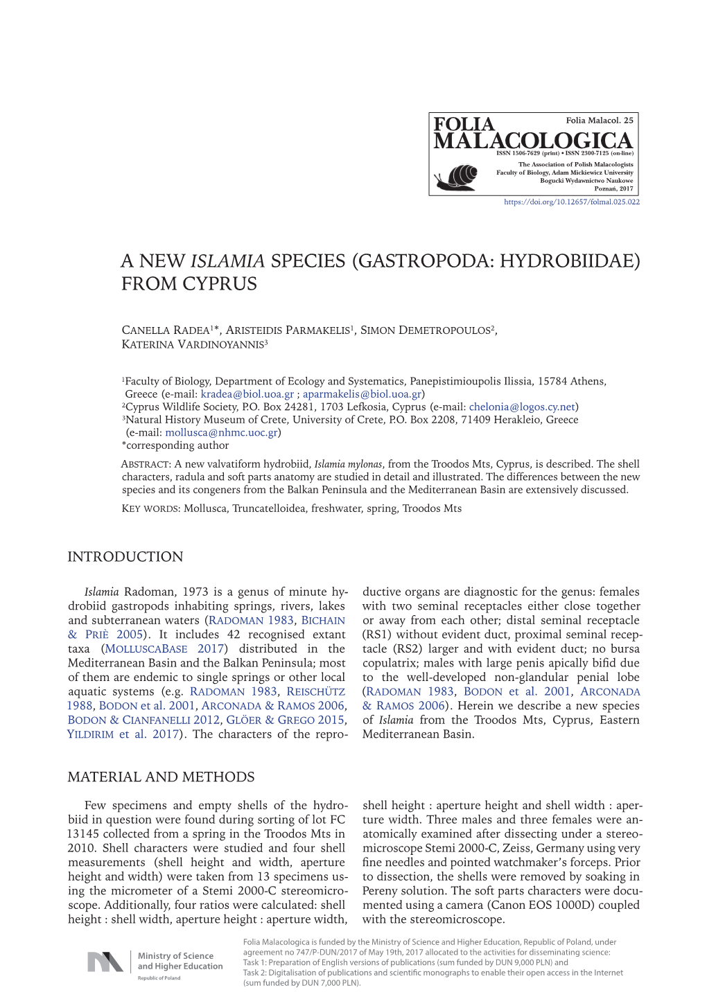 A New Islamia Species (Gastropoda: Hydrobiidae) from Cyprus