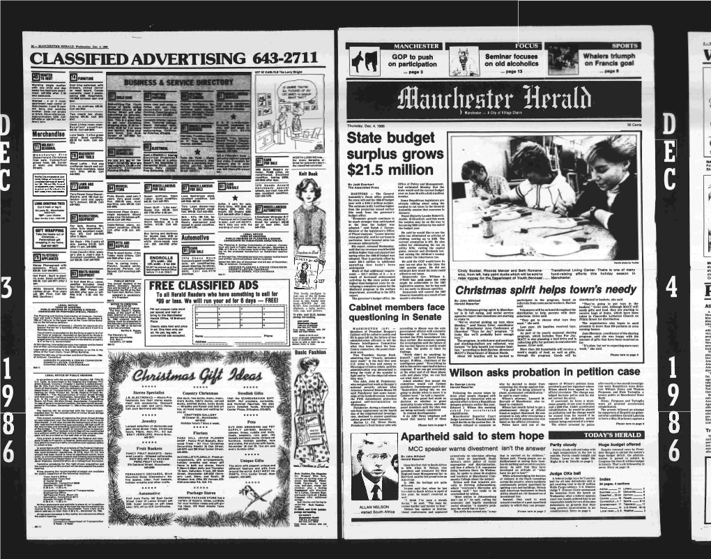 1986 MANCHESTER FOCUS GOP to Push Seminar Focuses CLASSIFIED ADVERTISING 643-2711 on Participation on Old Alcoholics KIT *N’ CARLYLE ®By Urry Wright