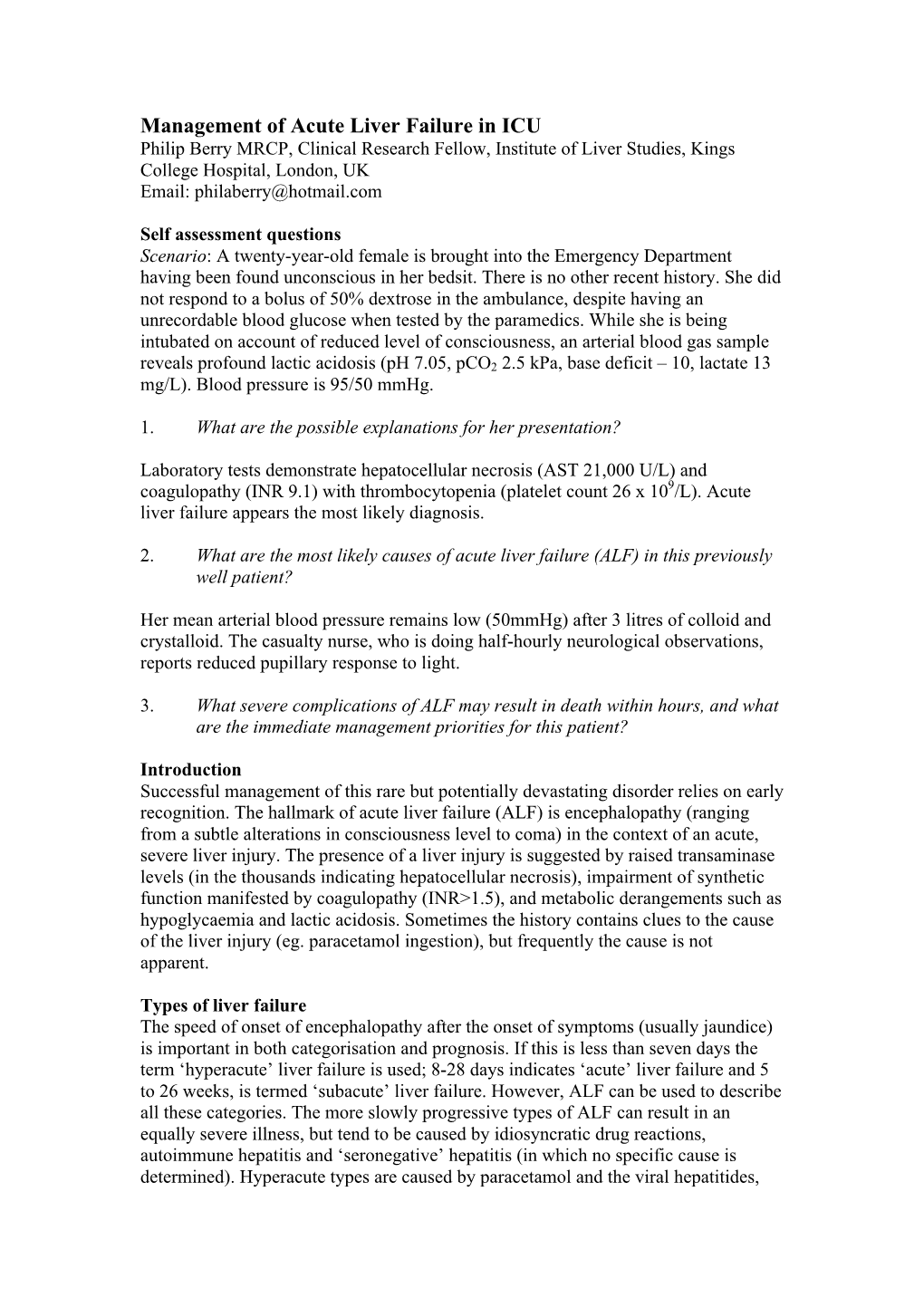 Management of Acute Liver Failure In