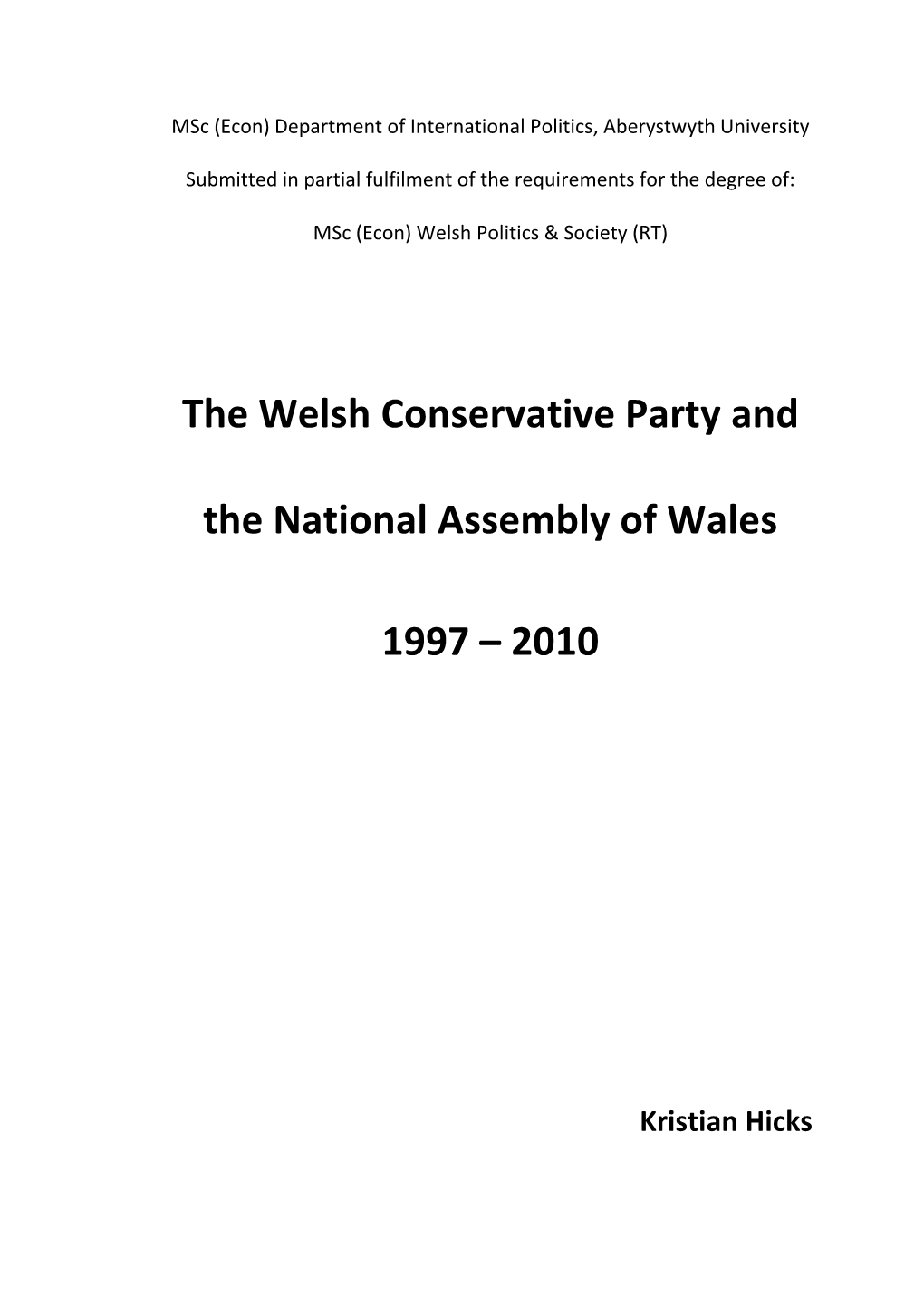 The Welsh Conservative Party and the National Assembly of Wales 1997