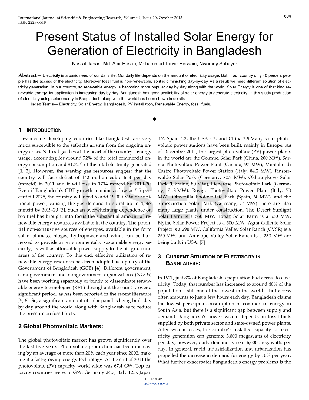 Present Status of Installed Solar Energy for Generation of Electricity in Bangladesh Nusrat Jahan, Md