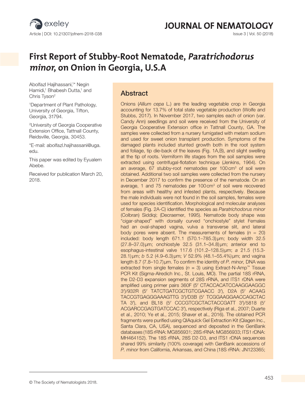 JOURNAL of NEMATOLOGY First Report of Stubby-Root Nematode, Paratrichodorus Minor, on Onion in Georgia, U.S.A