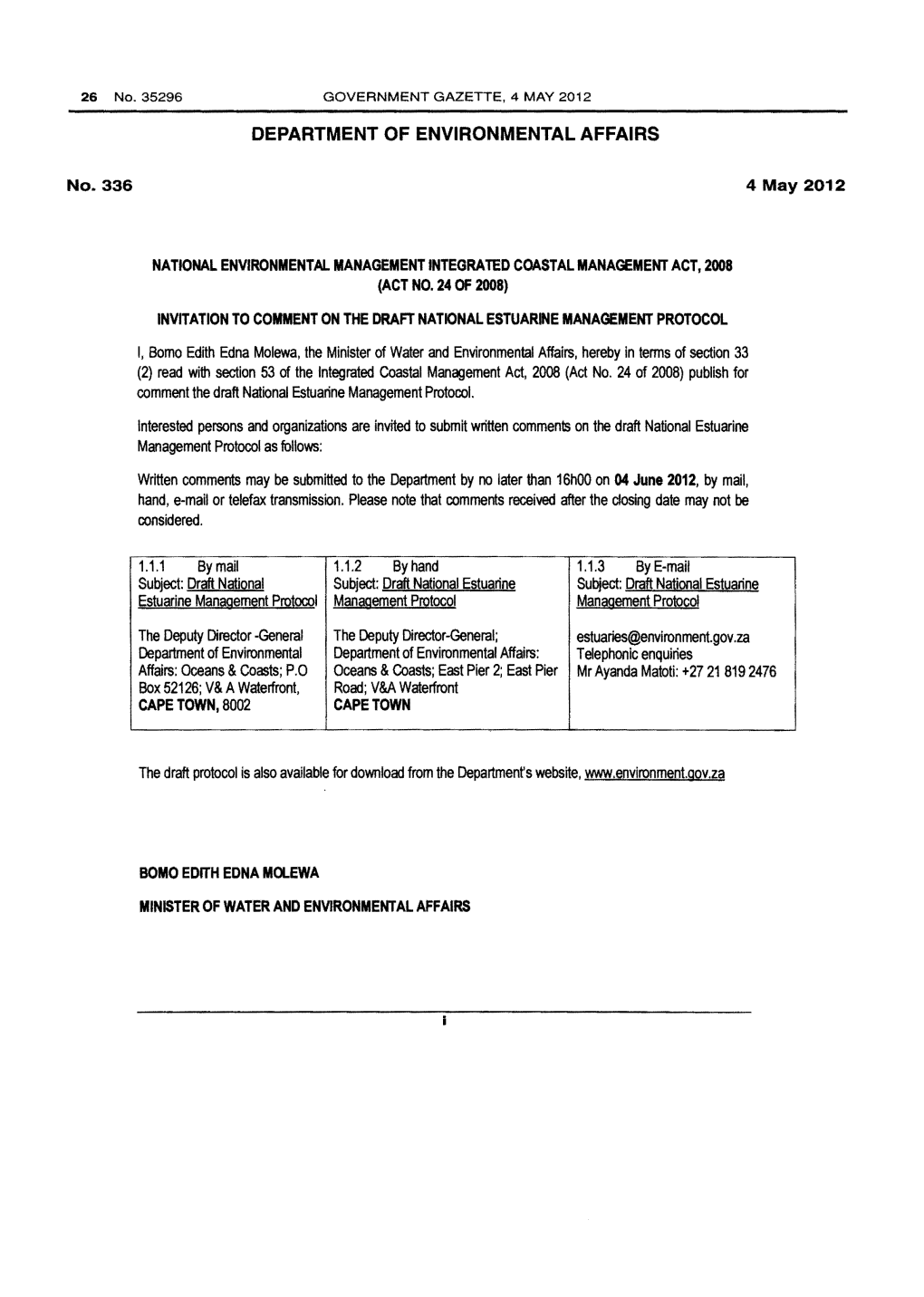 Integrated Coastal Management Act: National Estuarine Management