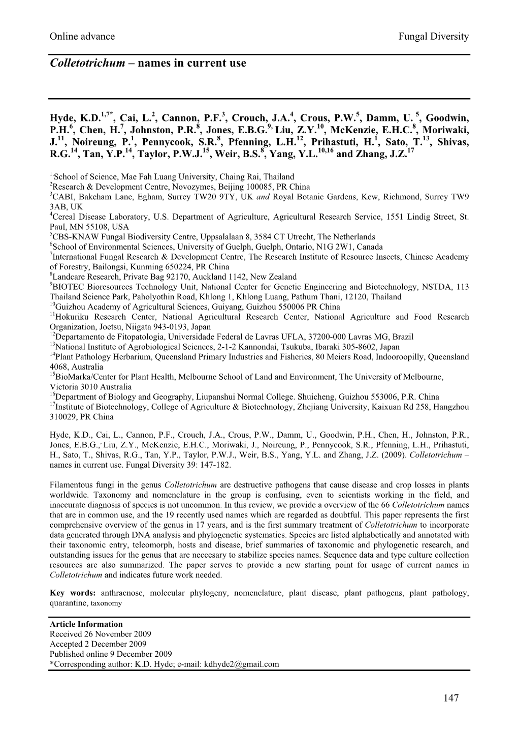 Colletotrichum – Names in Current Use