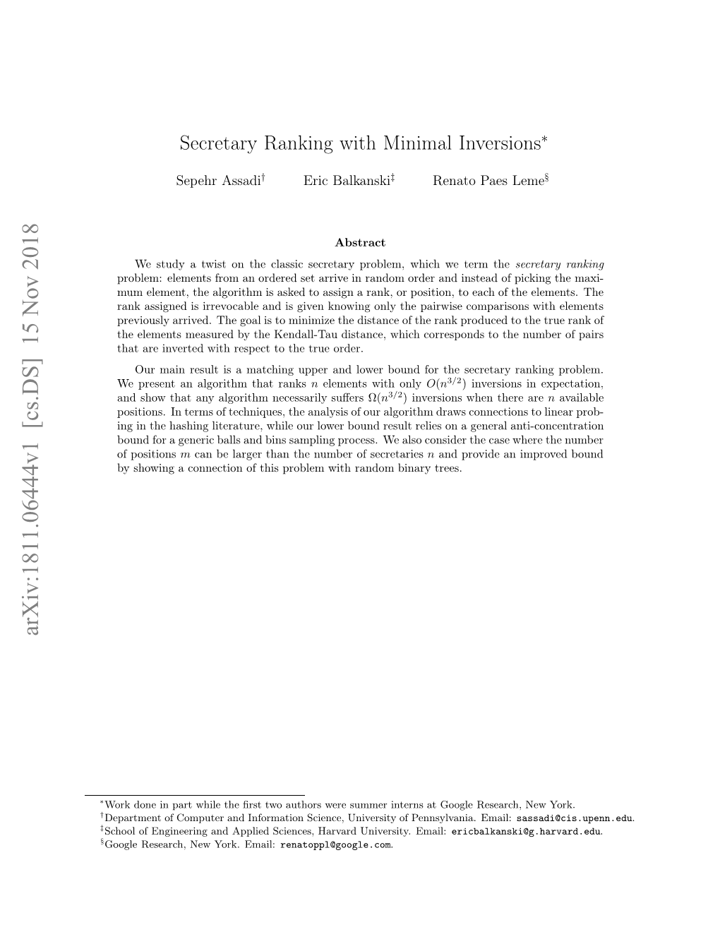 Secretary Ranking with Minimal Inversions