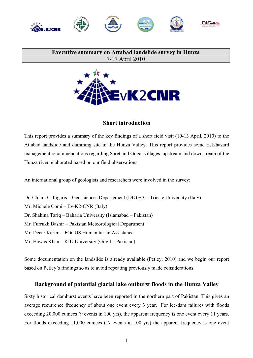 Executive Summary on Attabad Landslide Survey in Hunza 7-17 April 2010