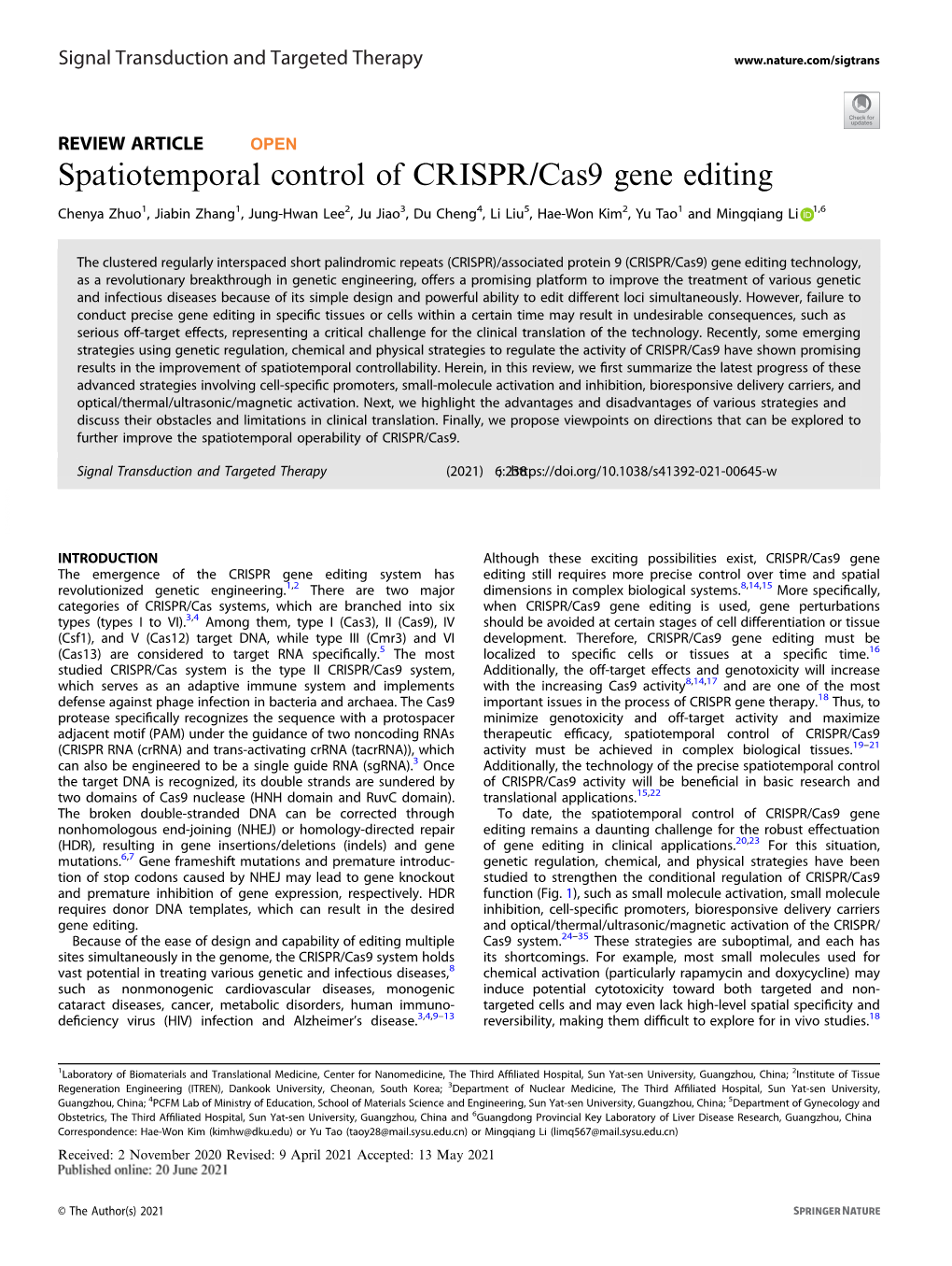 Spatiotemporal Control of CRISPR/Cas9 Gene Editing