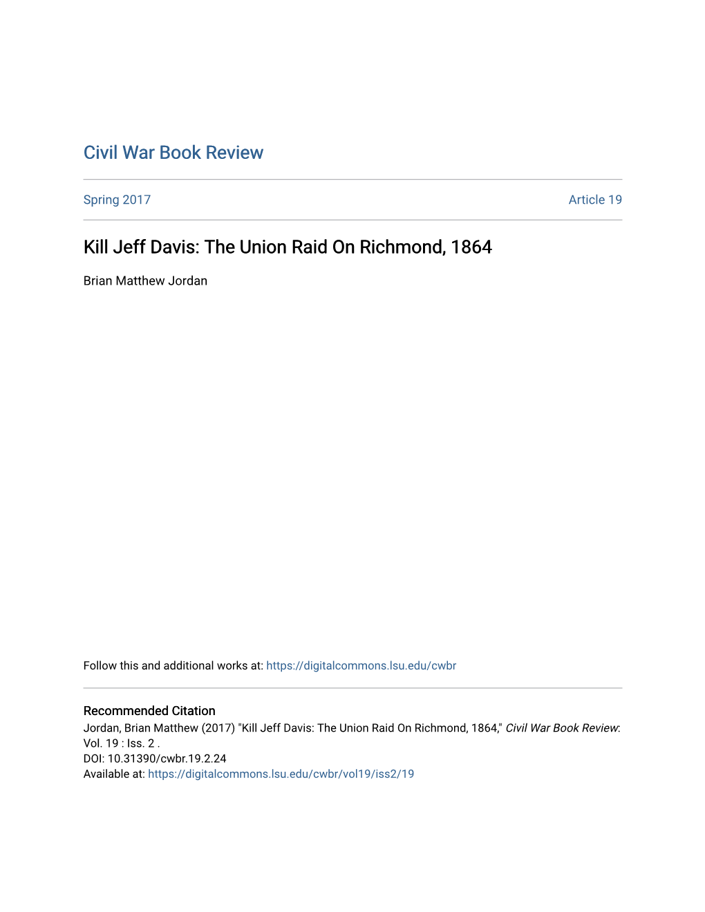 Kill Jeff Davis: the Union Raid on Richmond, 1864