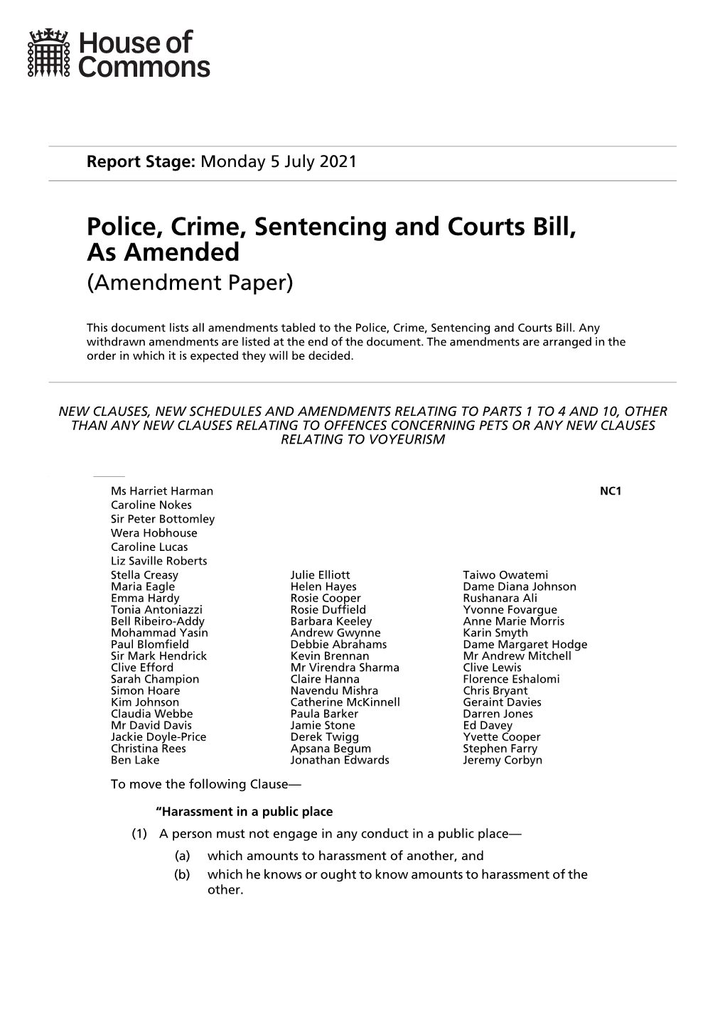 Police, Crime, Sentencing and Courts Bill, As Amended (Amendment Paper)