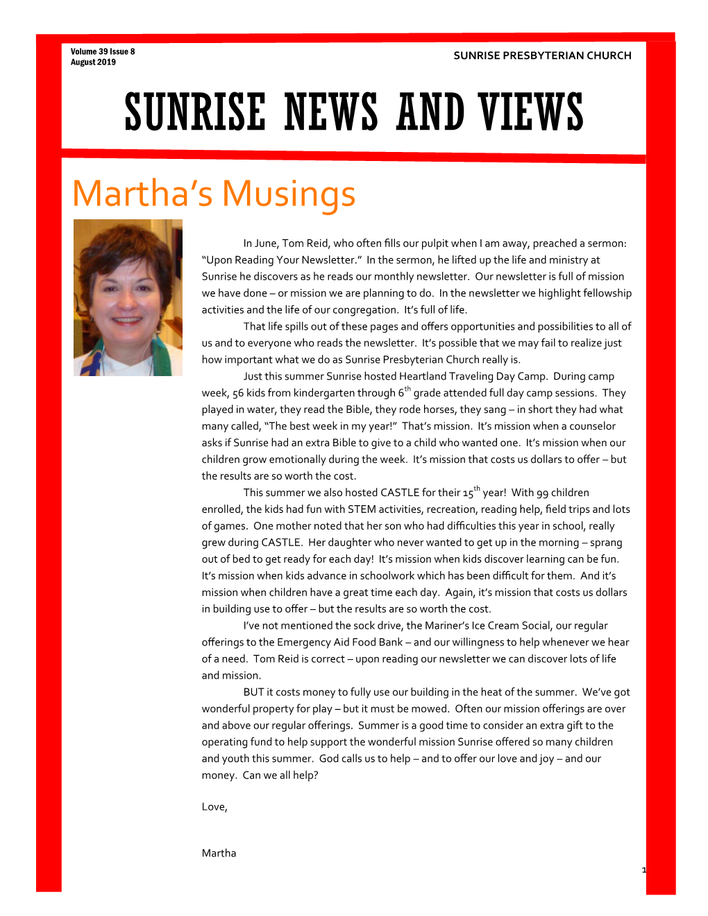 SUNRISE NEWS and VIEWS Martha’S Musings