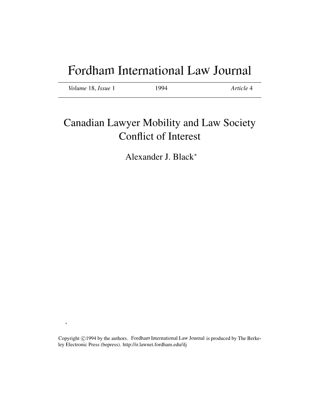 Canadian Lawyer Mobility and Law Society Conflict of Interest*