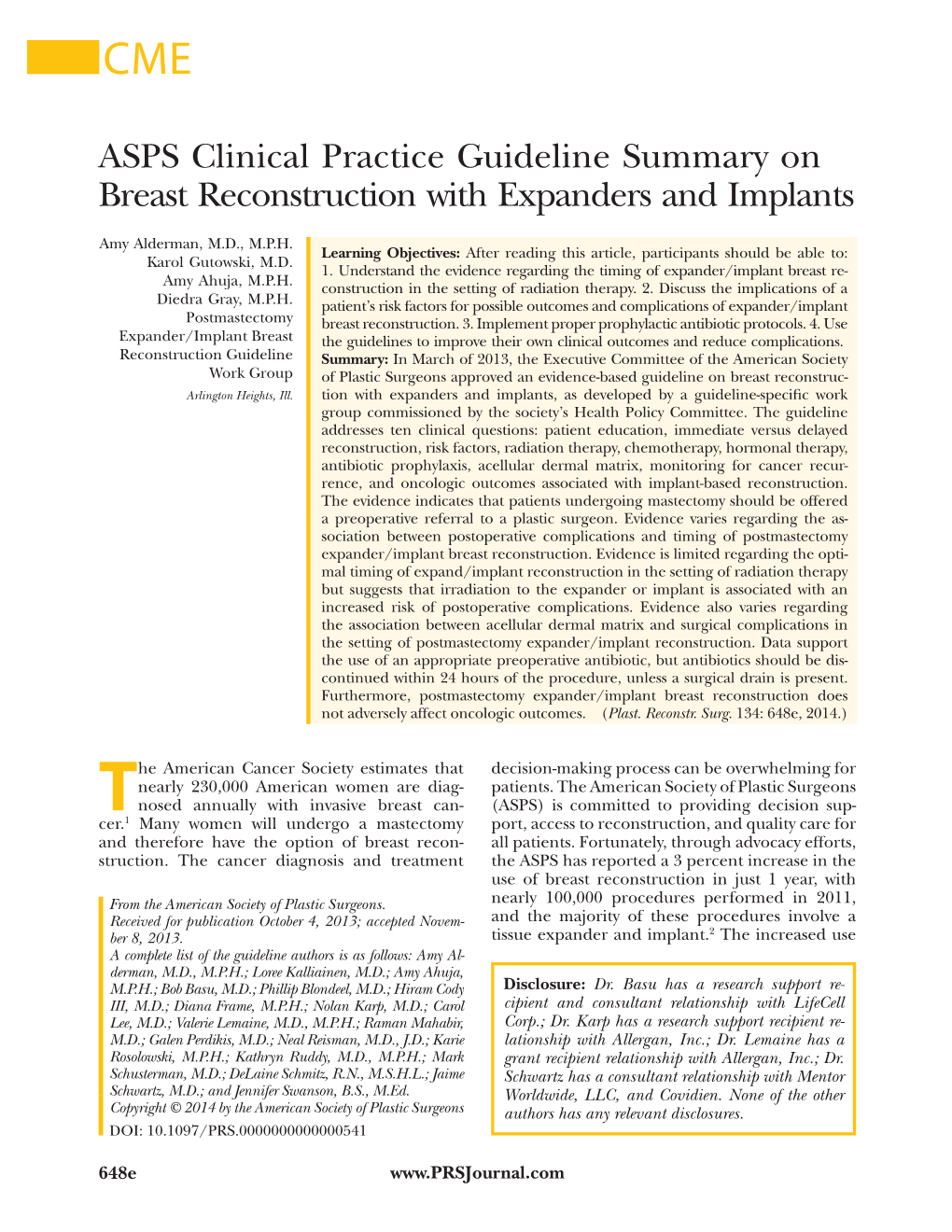 ASPS Clinical Practice Guideline Summary on Breast Reconstruction with Expanders and Implants