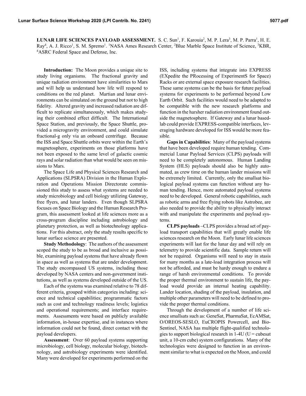 Lunar Life Sciences Payload Assessment