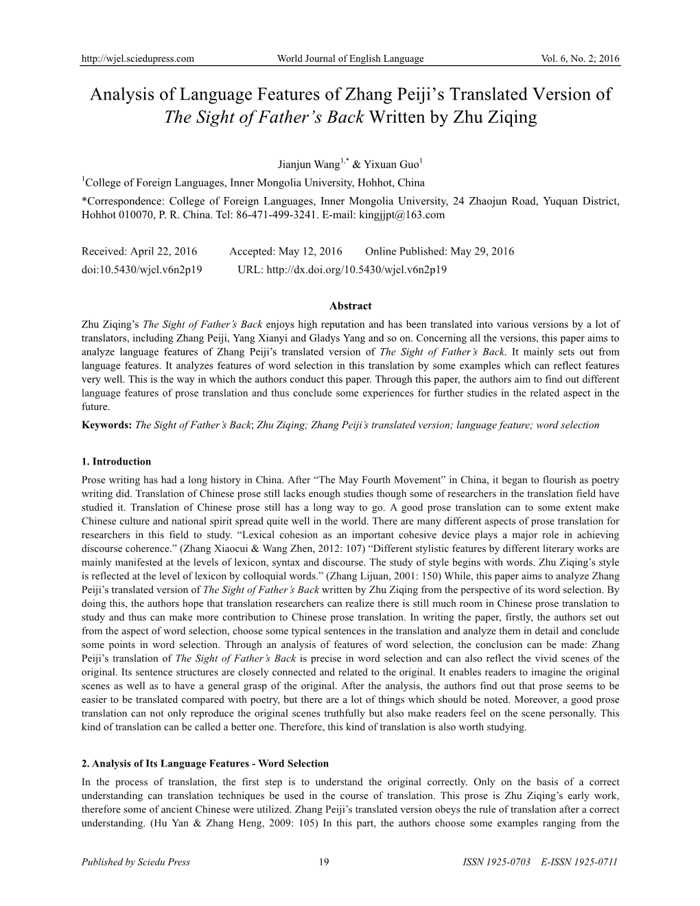 Analysis of Language Features of Zhang Peiji's Translated Version Of