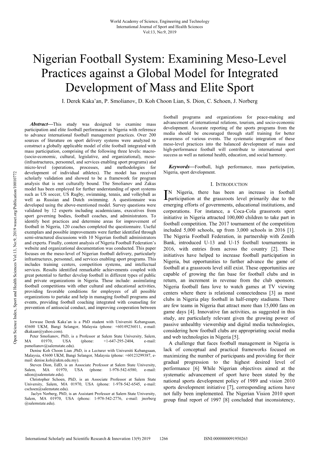 Nigerian Football System: Examining Meso-Level Practices Against a Global Model for Integrated Development of Mass and Elite Sport I