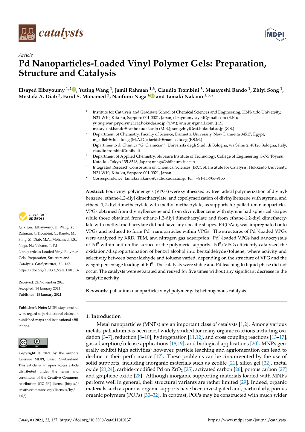 Pd Nanoparticles-Loaded Vinyl Polymer Gels: Preparation, Structure and Catalysis