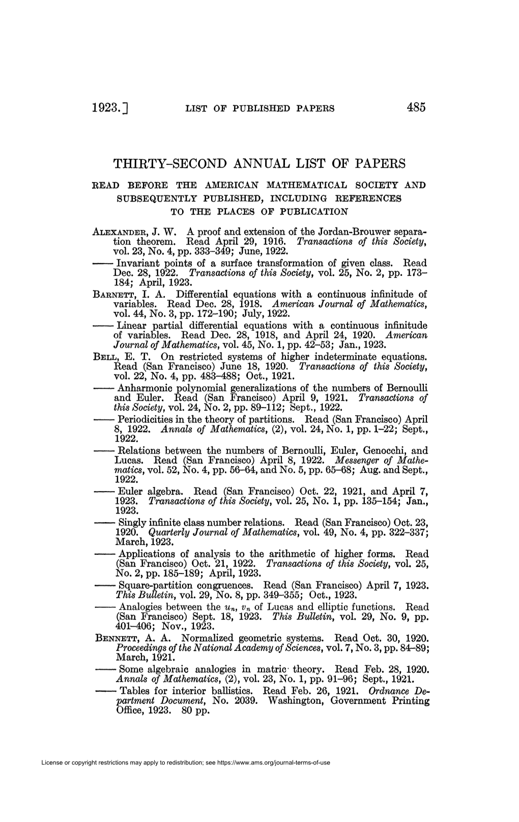 Thirty-Second Annual List of Papers