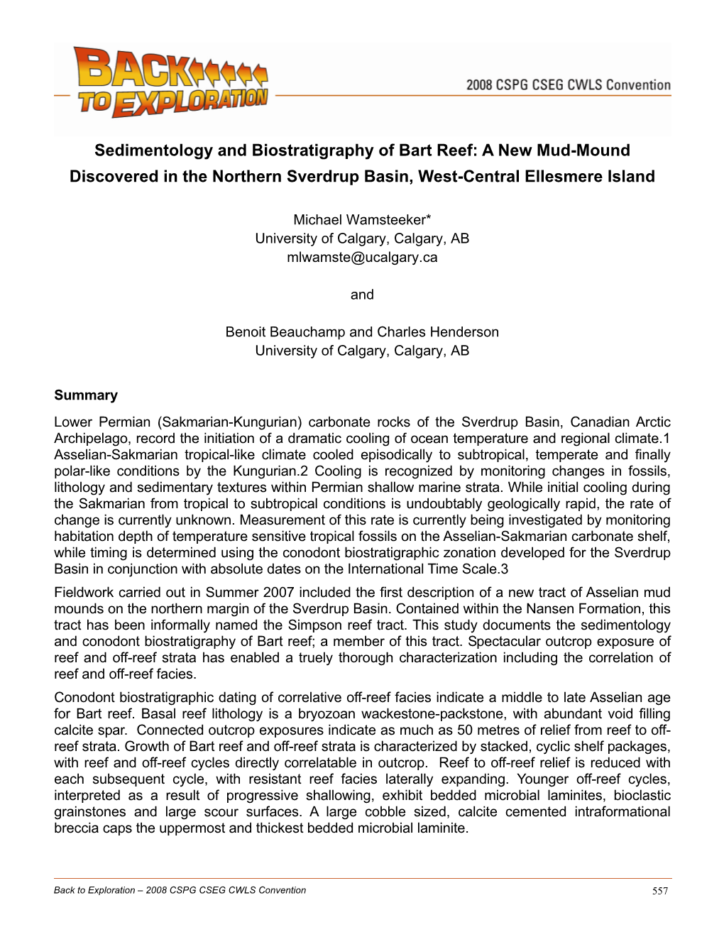 Sedimentology and Biostratigraphy of Bart Reef: a New Mud-Mound Discovered in the Northern Sverdrup Basin, West-Central Ellesmere Island