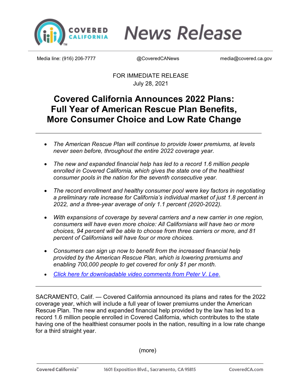 Covered California Announces 2022 Plans: Full Year of American Rescue Plan Benefits, More Consumer Choice and Low Rate Change