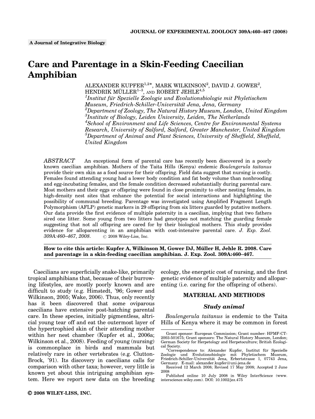 Care and Parentage in a Skin-Feeding Caecilian Amphibian ALEXANDER KUPFER1,2Ã, MARK WILKINSON2, DAVID J