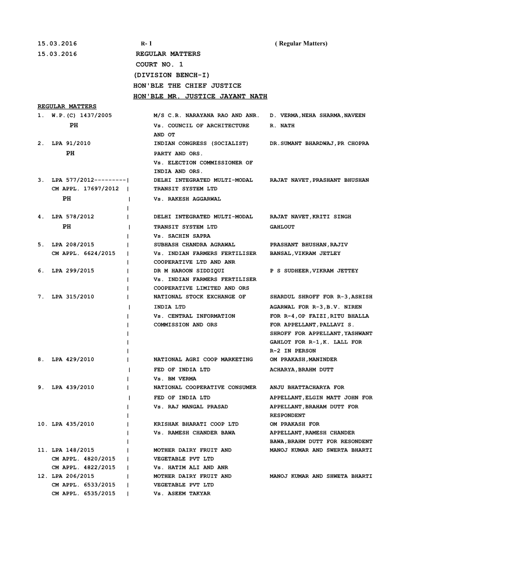 Regular Matters Court No. 1 (Division Bench-I) Hon'ble the Chief Justice Hon'ble Mr