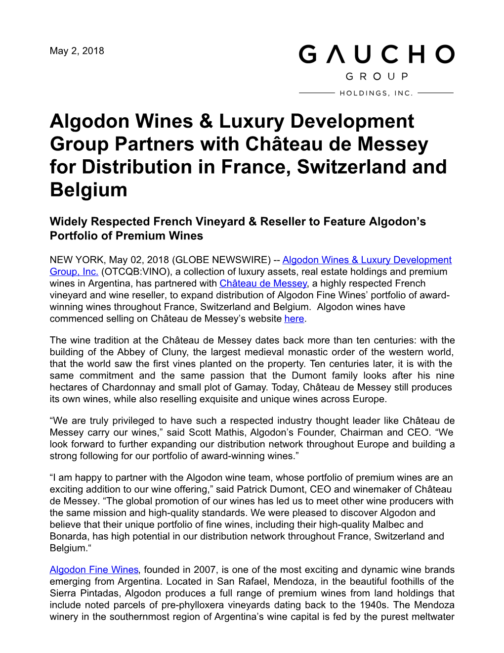 Algodon Wines & Luxury Development Group Partners With