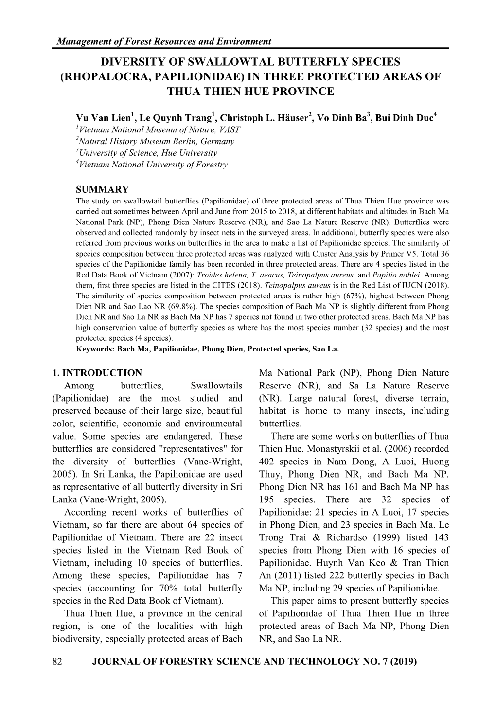 Diversity of Swallowtal Butterfly Species (Rhopalocra, Papilionidae) in Three Protected Areas of Thua Thien Hue Province