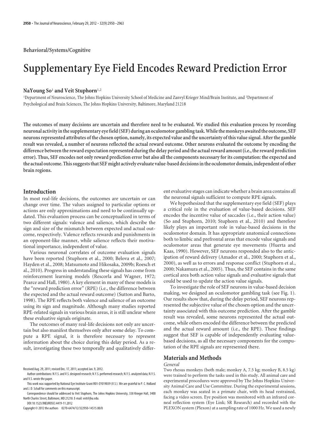 Supplementary Eye Field Encodes Reward Prediction Error