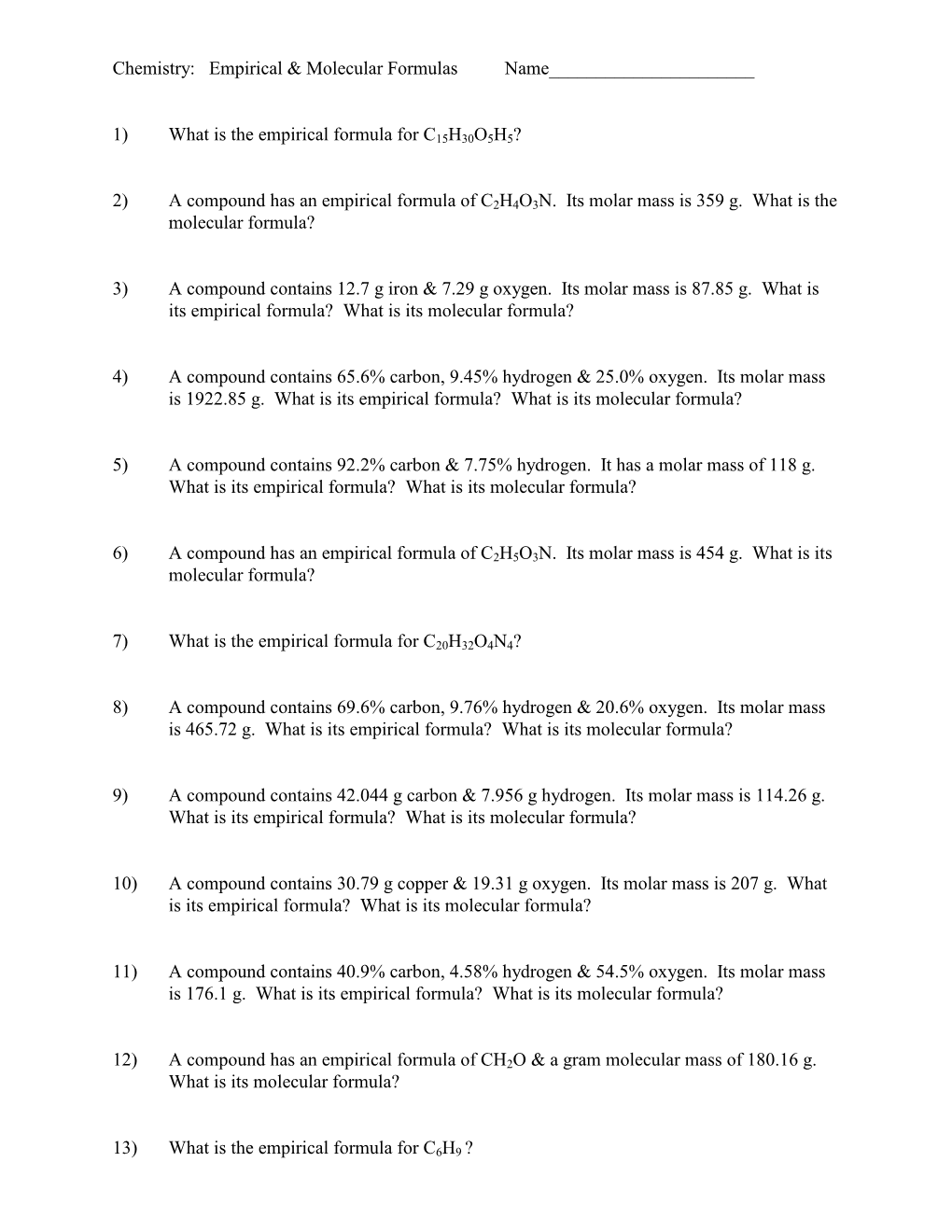 Chemistry: Empirical & Molecular Formulas