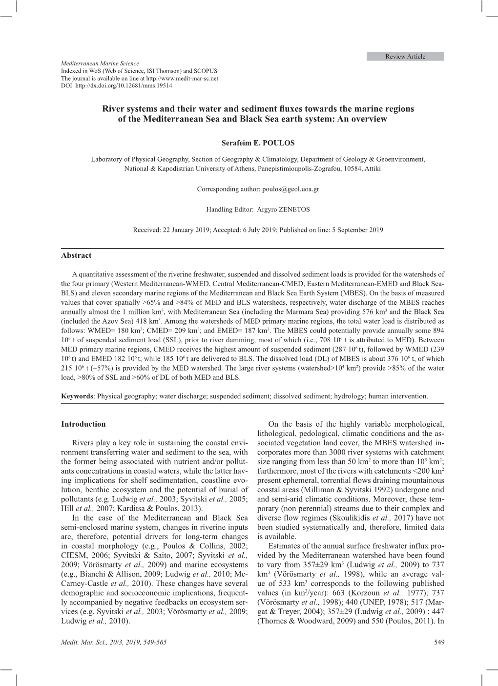 River Systems and Their Water and Sediment Fluxes Towards the Marine Regions of the Mediterranean Sea and Black Sea Earth System: an Overview