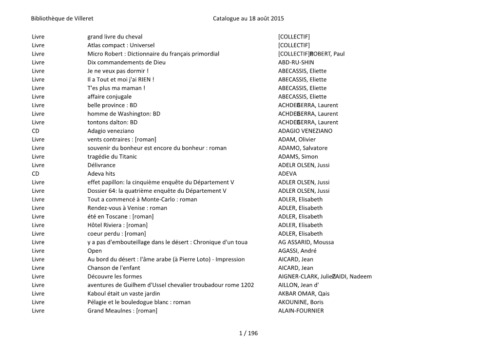 Bibliothèque De Villeret Catalogue Au 18 Août 2015 Livre Grand Livre Du