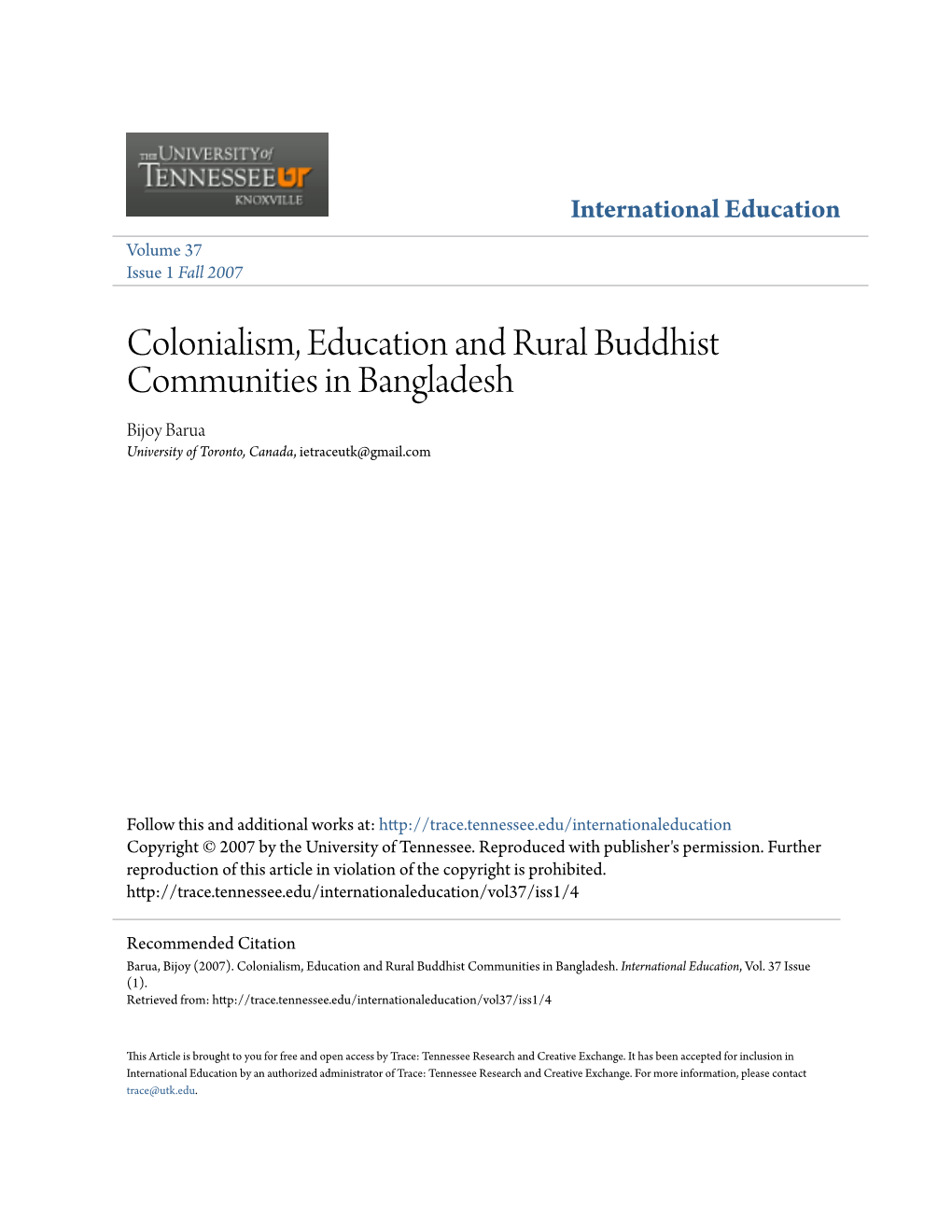 Colonialism, Education and Rural Buddhist Communities in Bangladesh Bijoy Barua University of Toronto, Canada, Ietraceutk@Gmail.Com