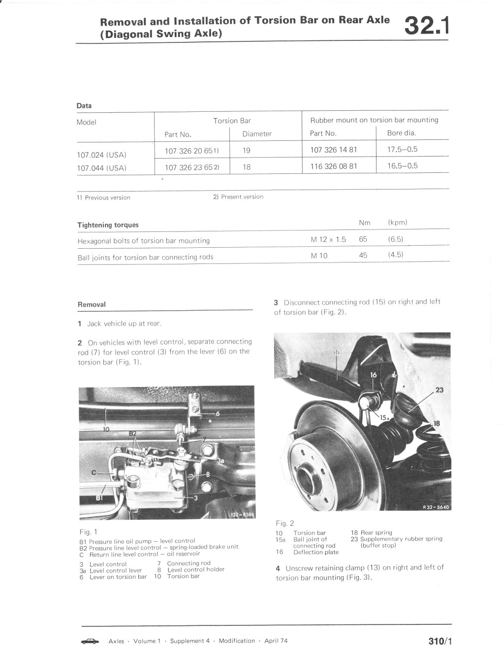 Removal and Lnstallation of Torsion Bar on Rear Axle (Diagonal Swing Axle) 32.1