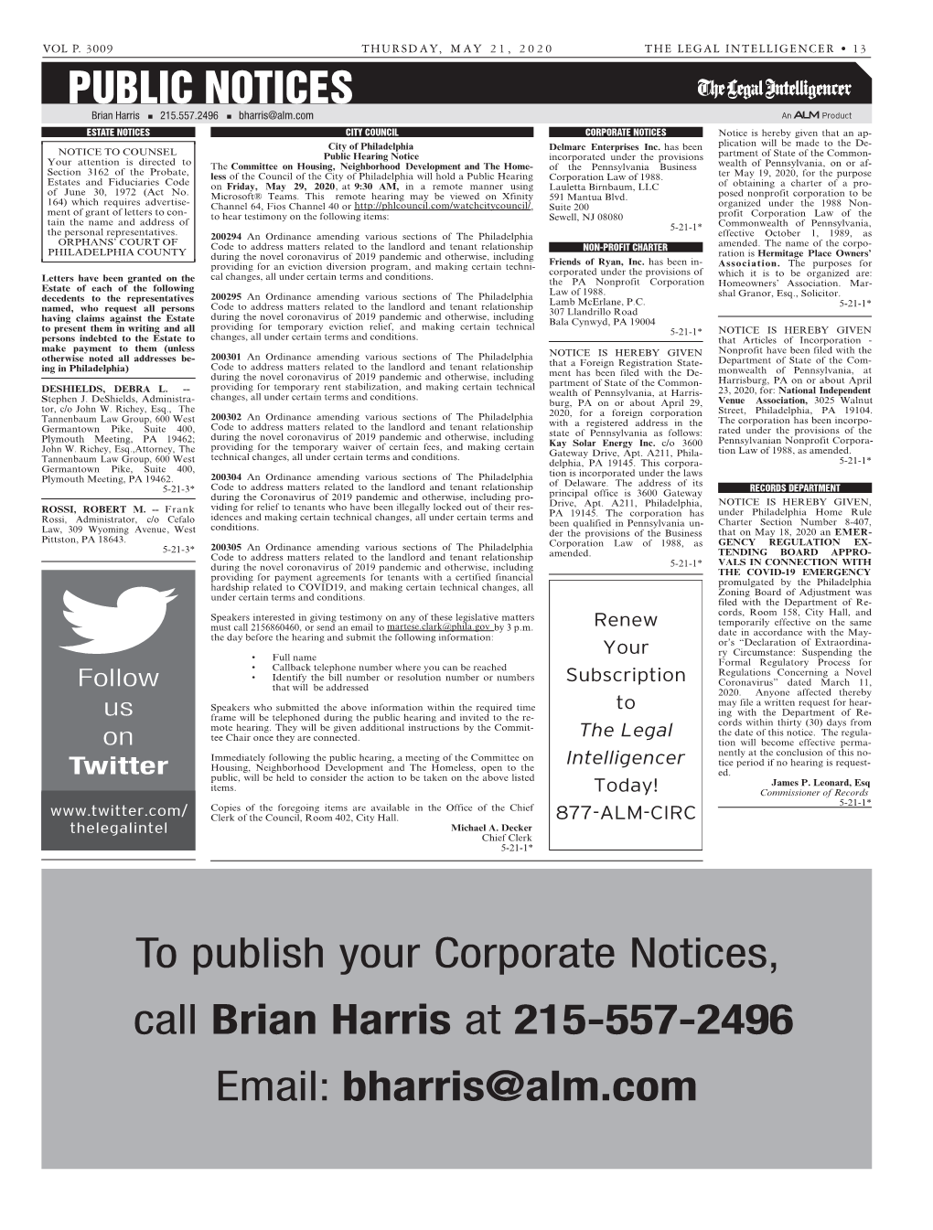 PUBLIC NOTICES to Publish Your Corporate Notices, Call