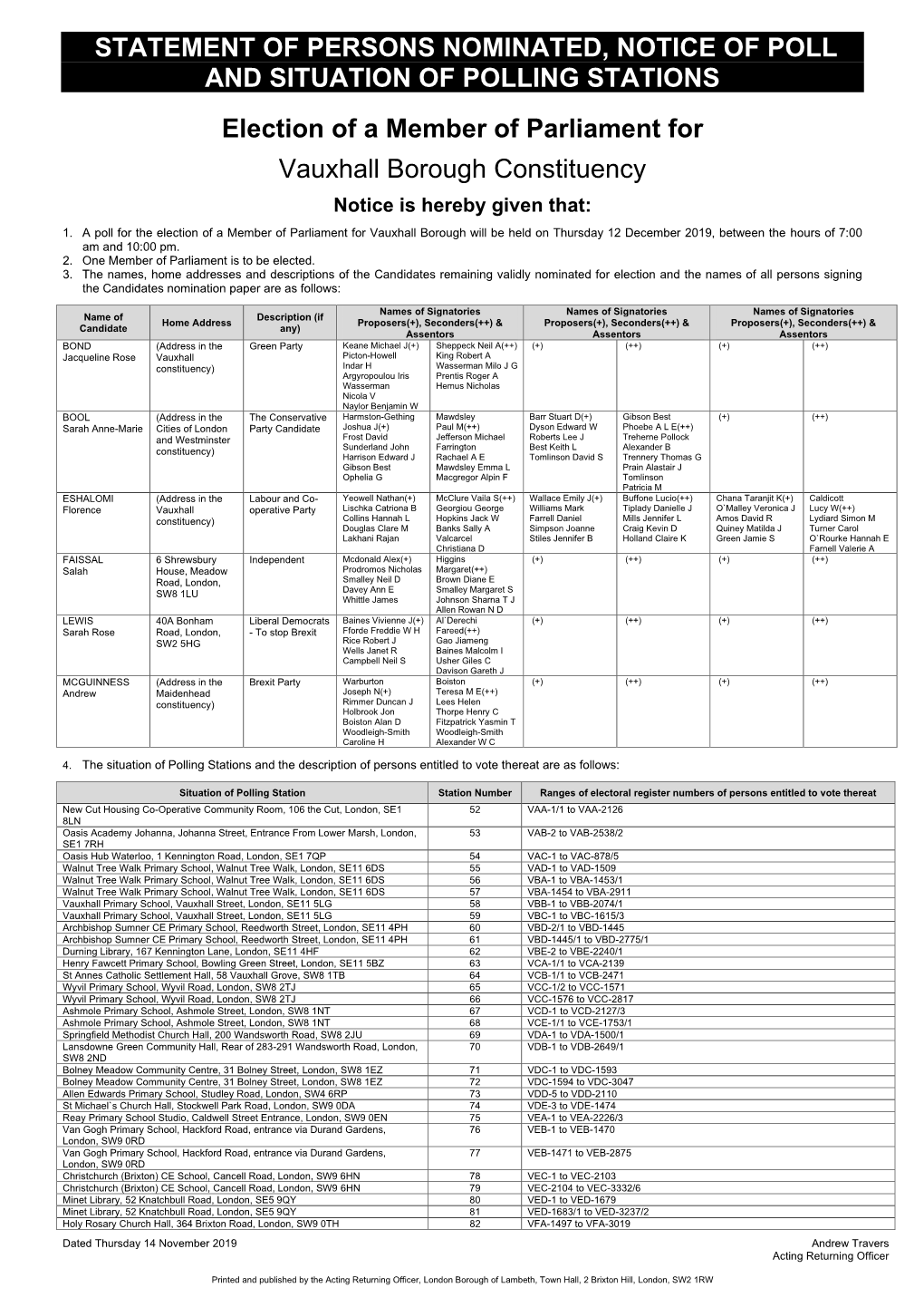 Statement of Persons Nominated, Notice of Poll and Situation of Polling Stations