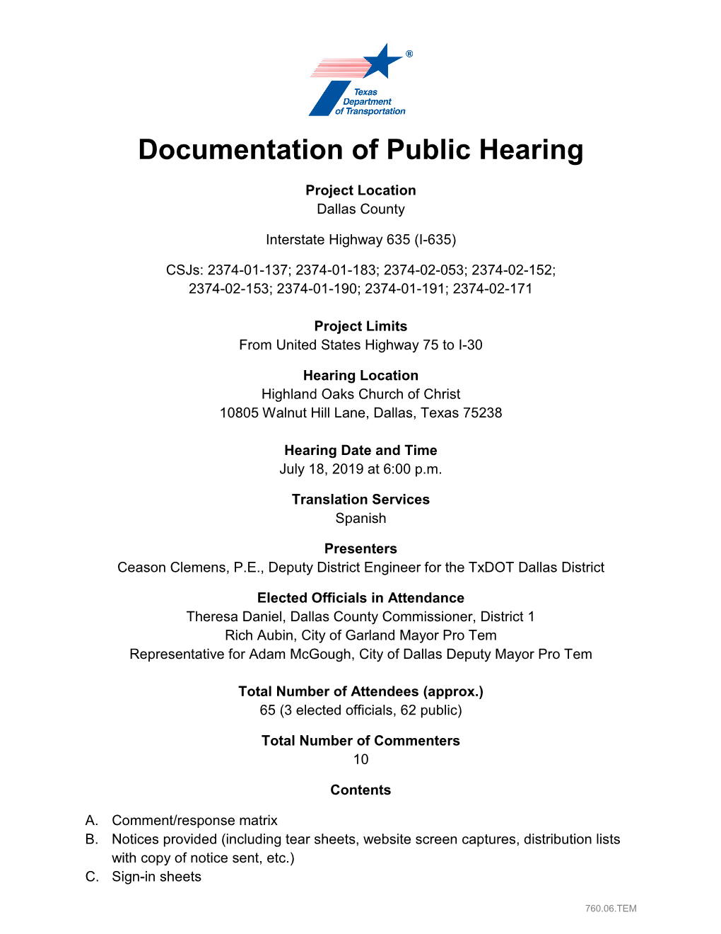 Documentation of Public Hearing