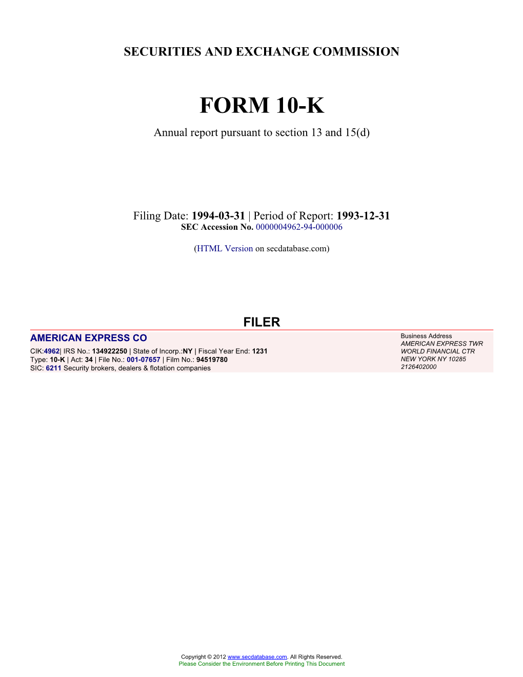 AMERICAN EXPRESS CO (Form: 10-K, Filing Date: 03/31/1994)