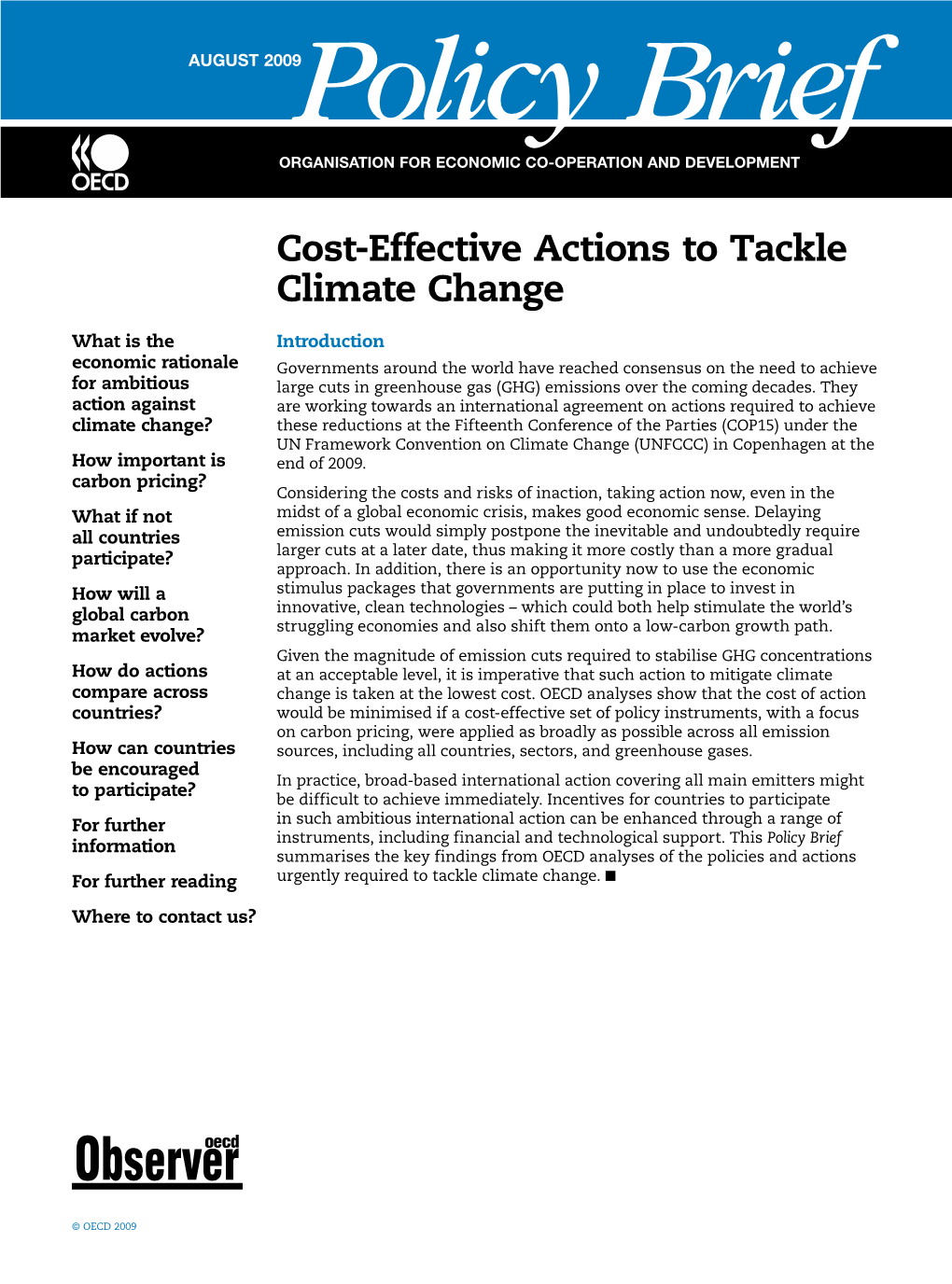 OECD Policy Brief: Cost-Effective Actions to Tackle Climate Change